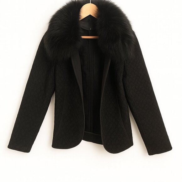 Upcycled Black Denim Jacket w/ Real Fox Fur Stole Collar – Size 8 - Picture 1 of 14